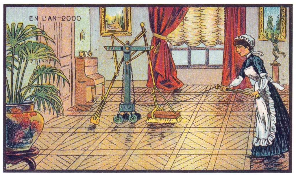 A drawing from 1899 showing a cleaning robot in the 21st century